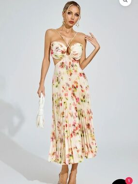 Floral Cutout Pleated Midi Dress in Cream and Pink (Tags On)